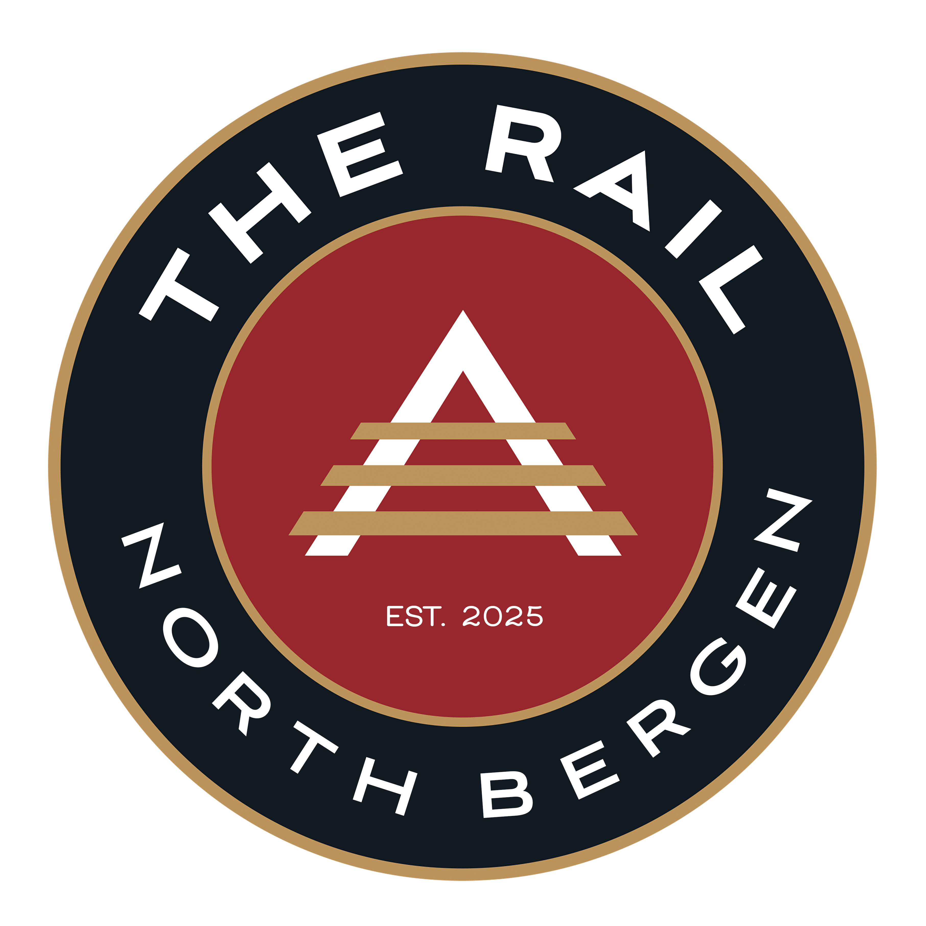 The logo for The Rail North Bergen is a red circle with a black border and a white triangle in the center.
